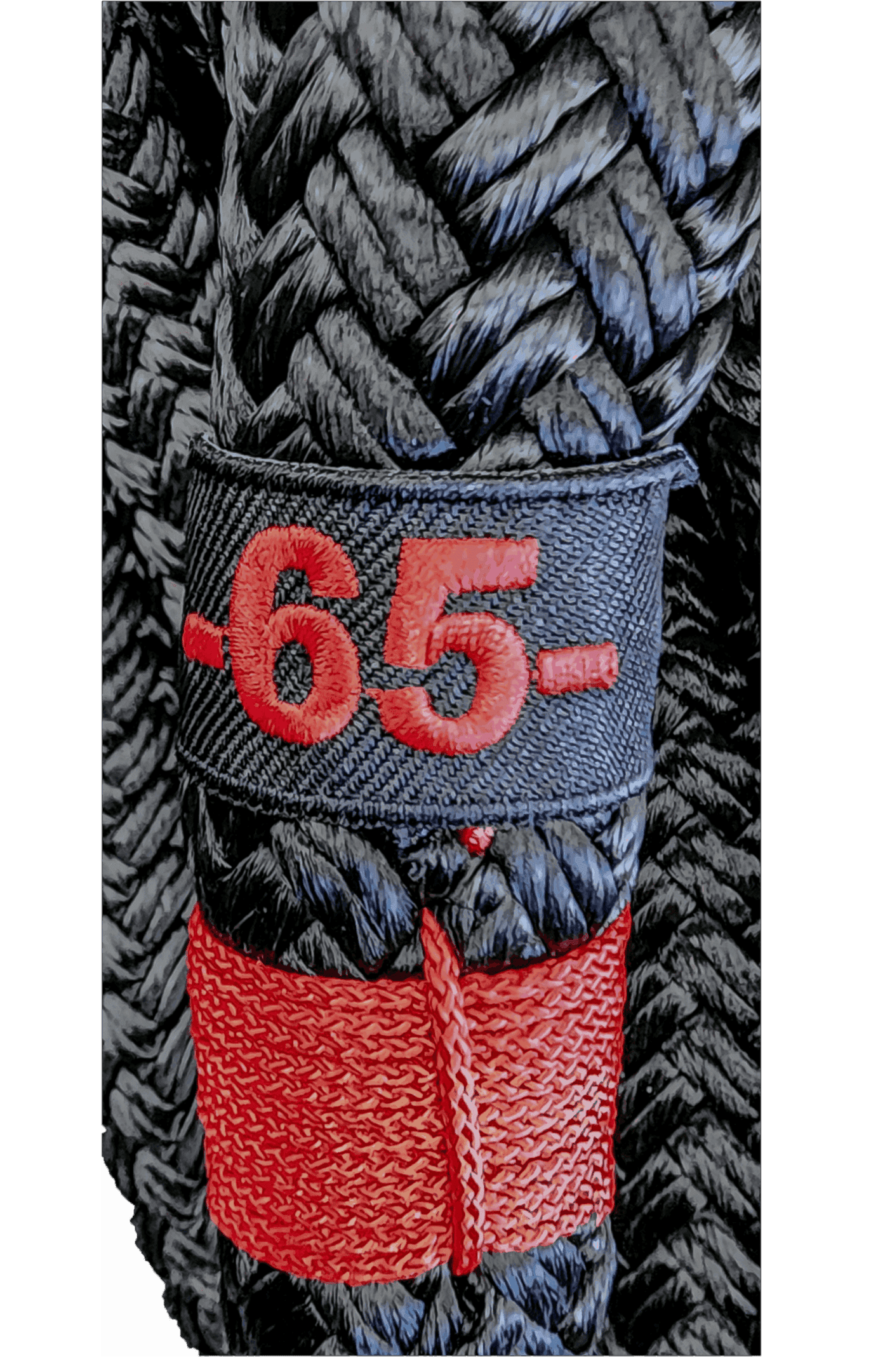 Close-up of a black braided rope with a red '-65-' tag.