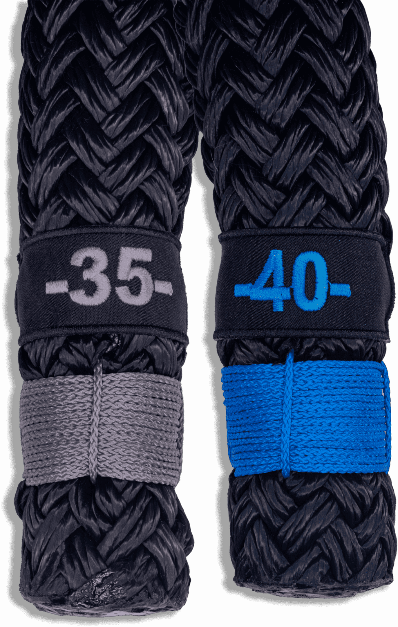 Two martial arts belts with degree stripes and numbers.