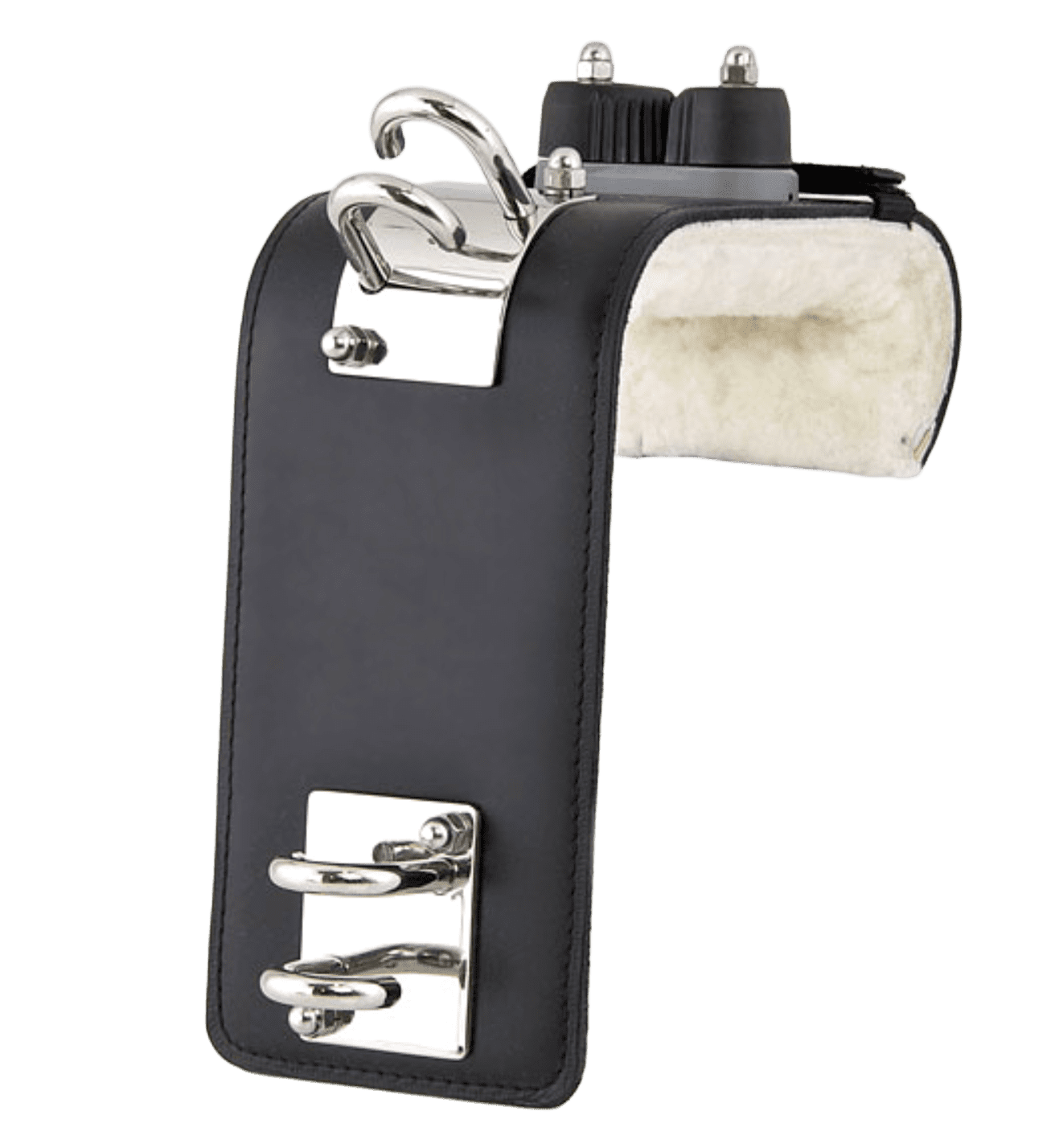 Black padded clamp with metal attachments, possibly for securing objects.