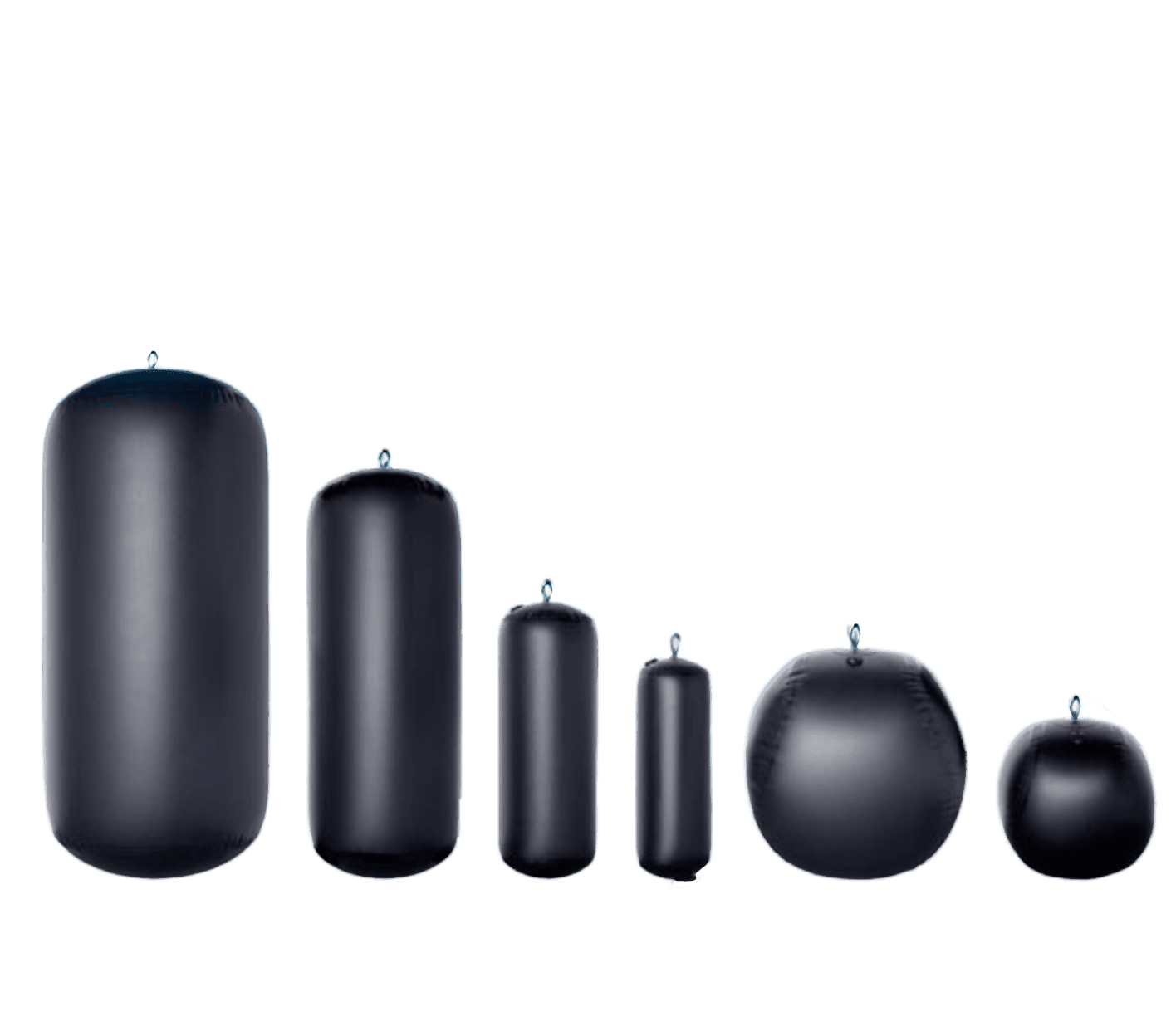 A series of black cylindrical and spherical objects in descending size.