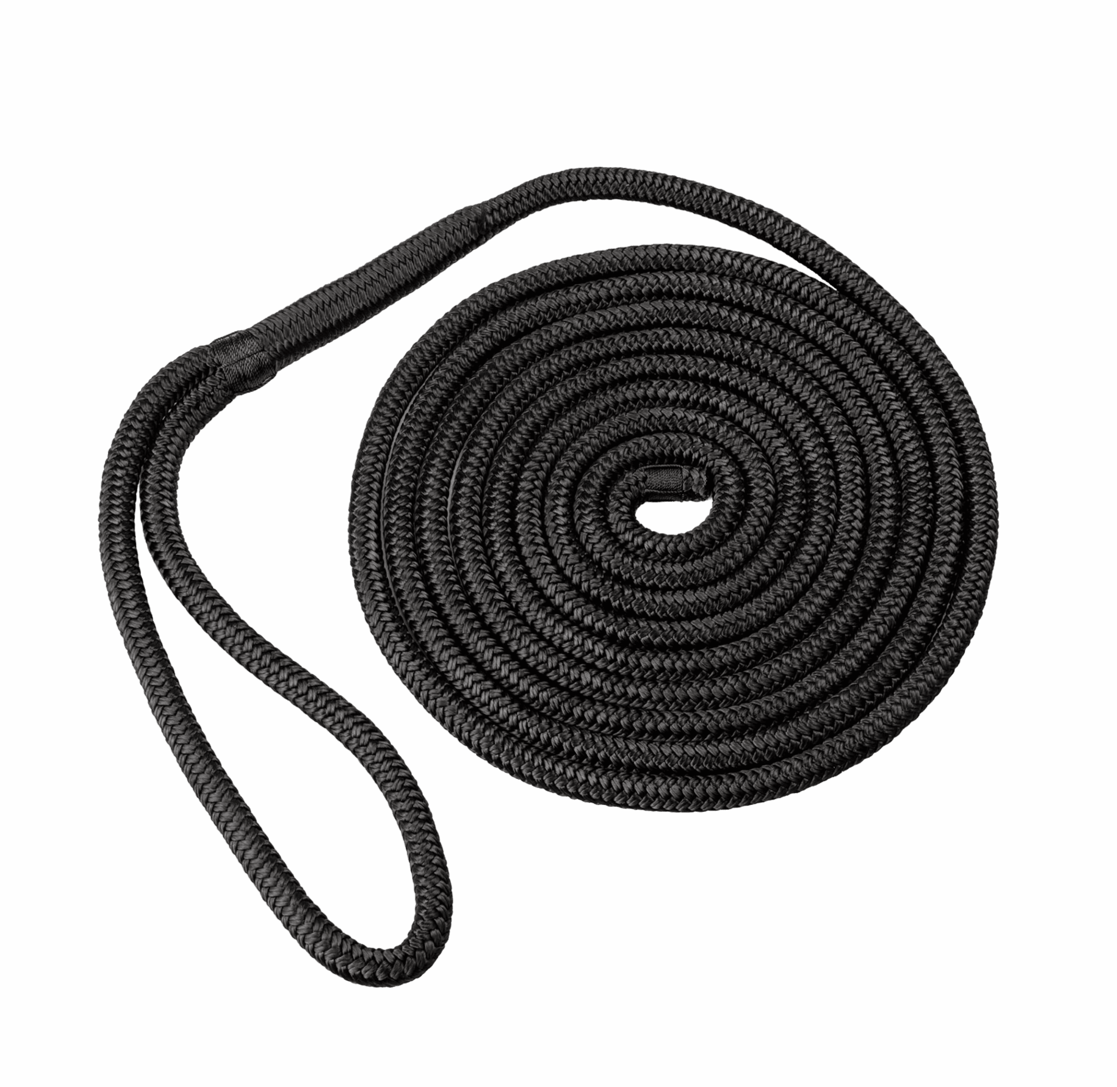 A neatly coiled black rope with a loop at one end.