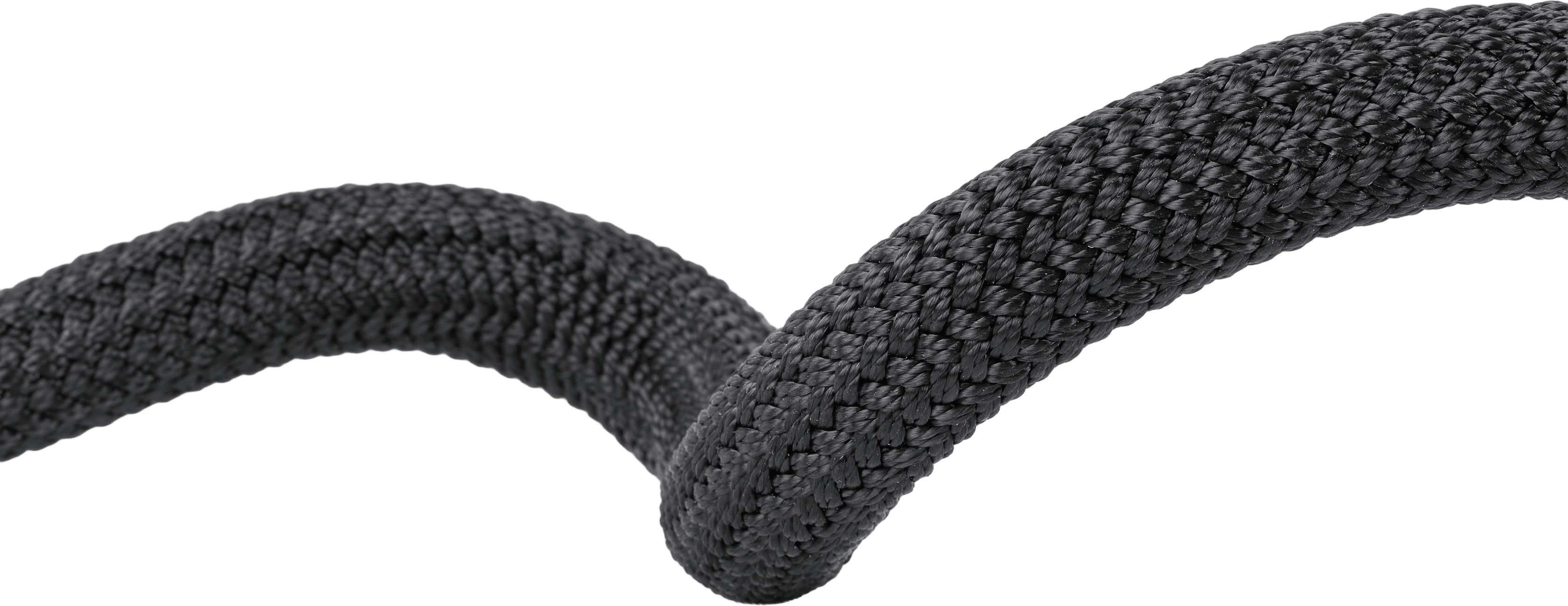 Close-up of two intertwined black braided ropes against a gray background.