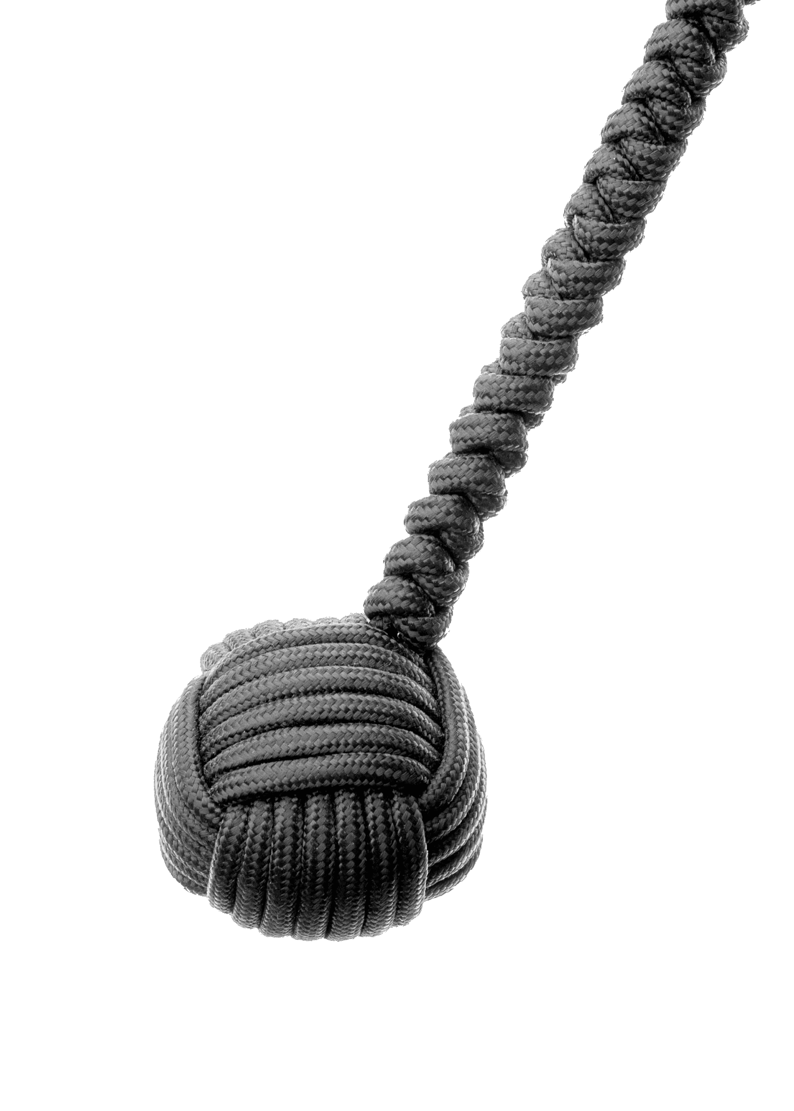 A black rope monkey fist knot with a long tail.
