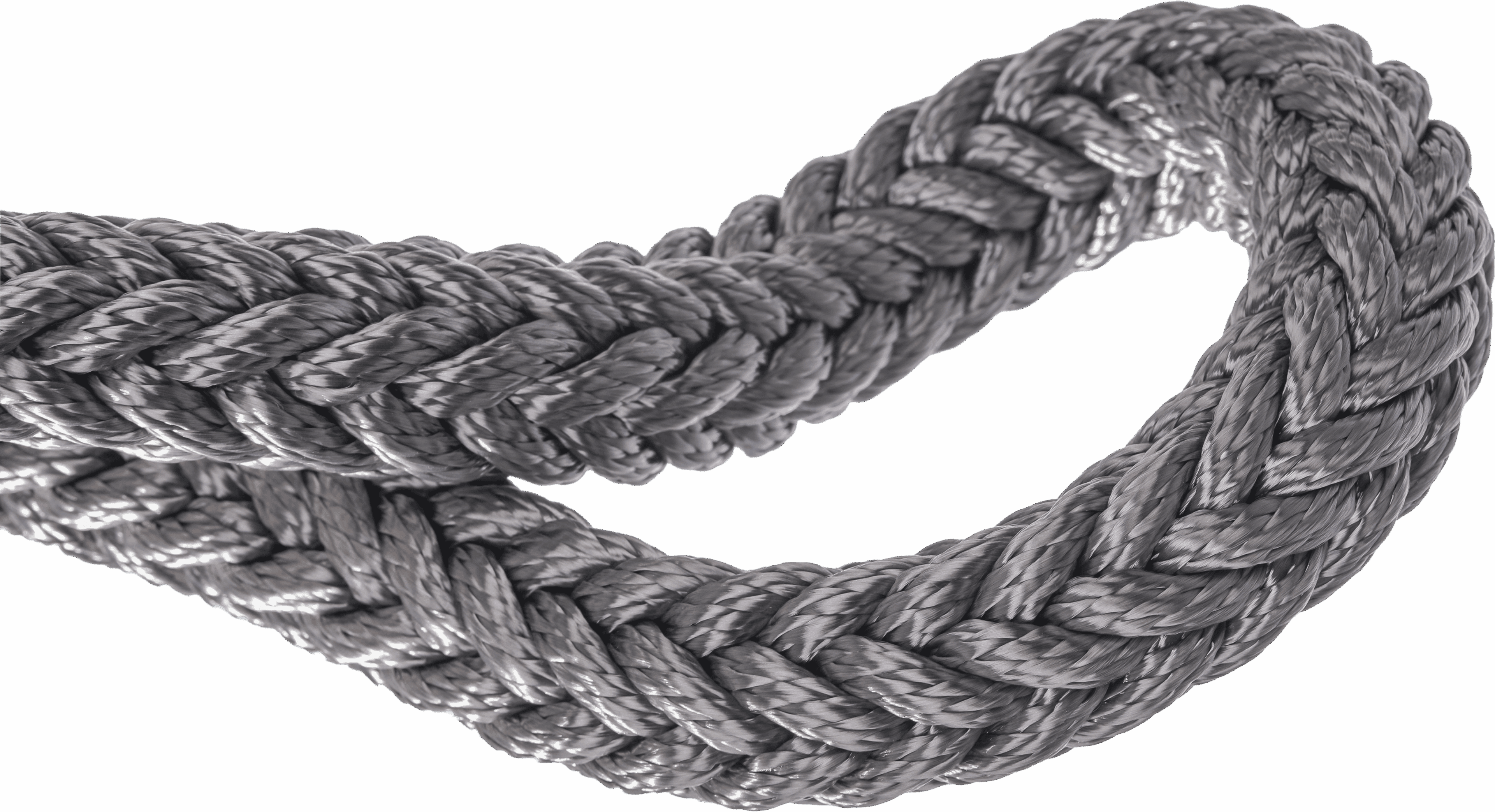 Close-up of a thick, braided gray rope against a gray background.