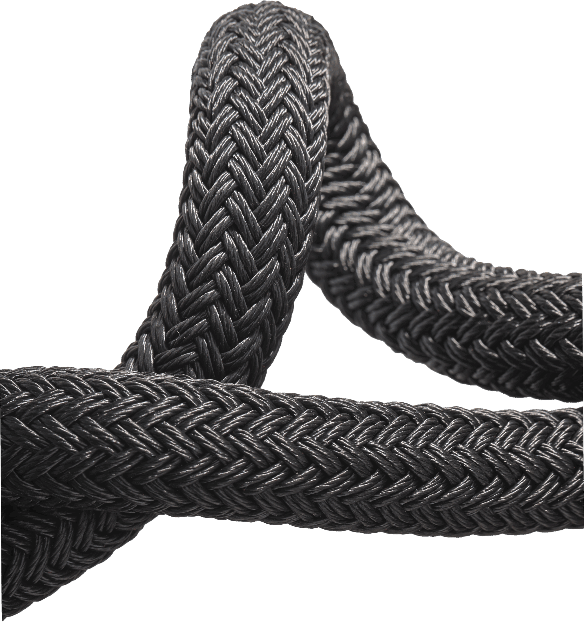 Close-up of a black braided rope looped in a knot.
