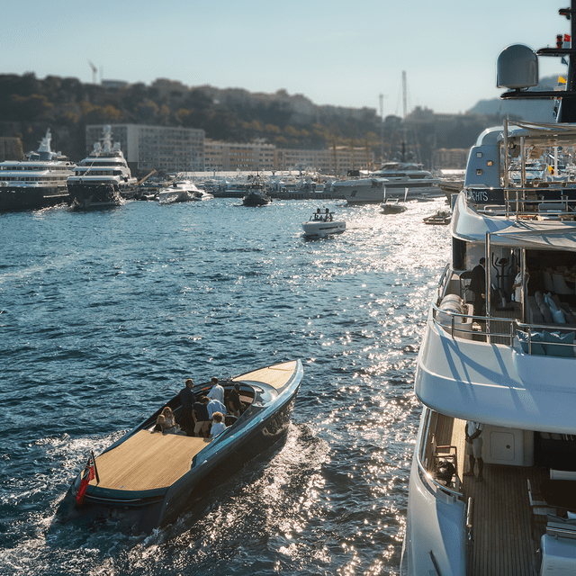 Small boat moving alongside large yachts in a marina.